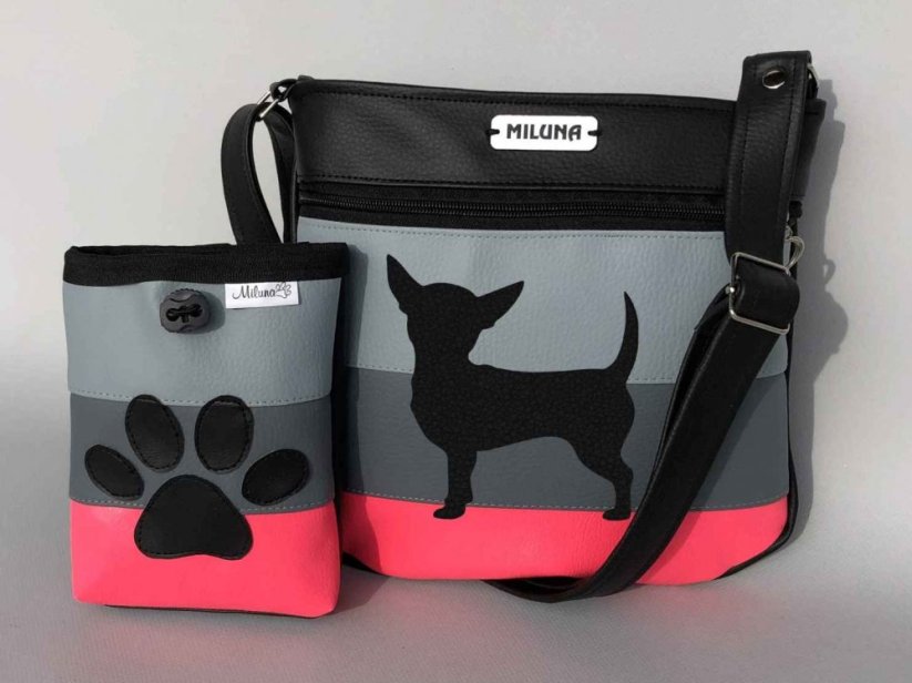 Crossbody kabelka a pamlskovník s plemeny psů – pruhy (neonová) - Plemeno: Čivava krátkosrstá