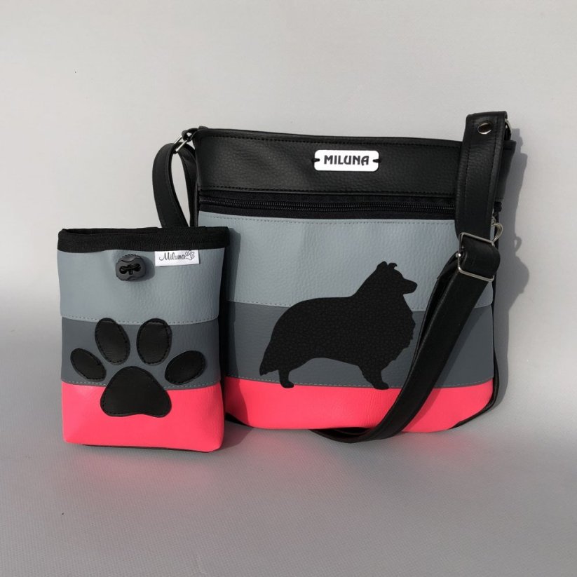 Crossbody kabelka a pamlskovník s plemeny psů – pruhy (neonová) - Plemeno: Šeltie