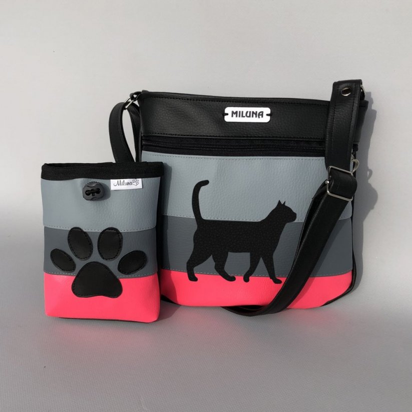 Crossbody kabelka a pamlskovník s plemeny psů – pruhy (neonová) - Plemeno: Kočka - stojící