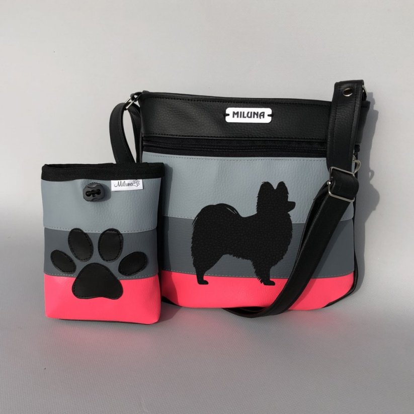 Crossbody kabelka a pamlskovník s plemeny psů – pruhy (neonová) - Plemeno: Papillon