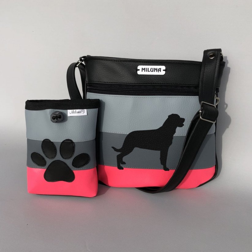 Crossbody kabelka a pamlskovník s plemeny psů – pruhy (neonová) - Plemeno: Rotvajler s ocáskem
