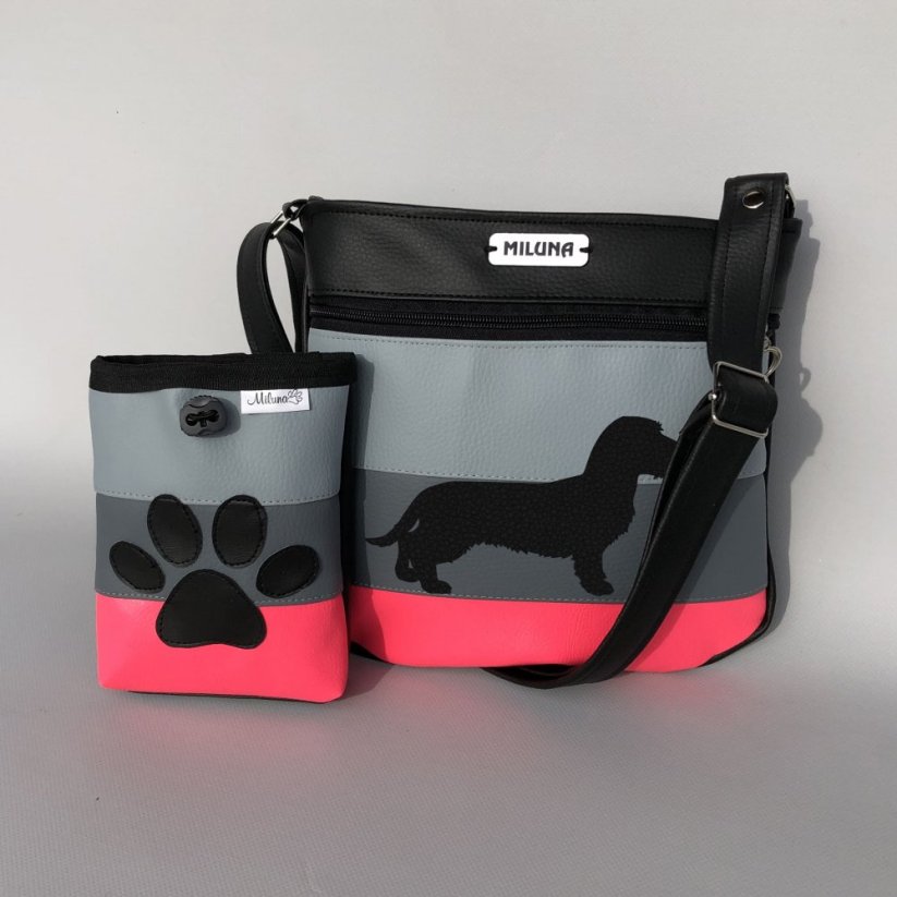 Crossbody kabelka a pamlskovník s plemeny psů – pruhy (neonová) - Plemeno: Jezevčík drsnosrstý