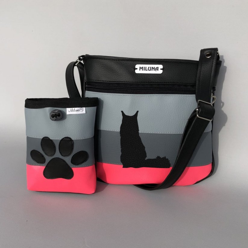 Crossbody kabelka a pamlskovník s plemeny psů – pruhy (neonová) - Plemeno: Kočka - ocas bokem