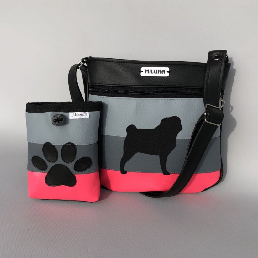 Crossbody kabelka a pamlskovník s plemeny psů – pruhy (neonová) - Plemeno: Mops