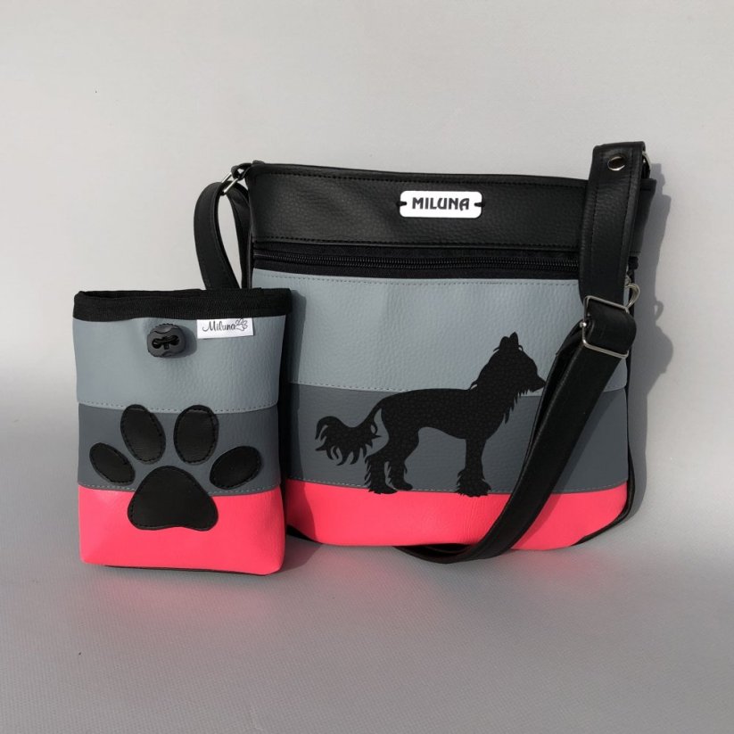 Crossbody kabelka a pamlskovník s plemeny psů – pruhy (neonová) - Plemeno: Čínský chocholatý pes