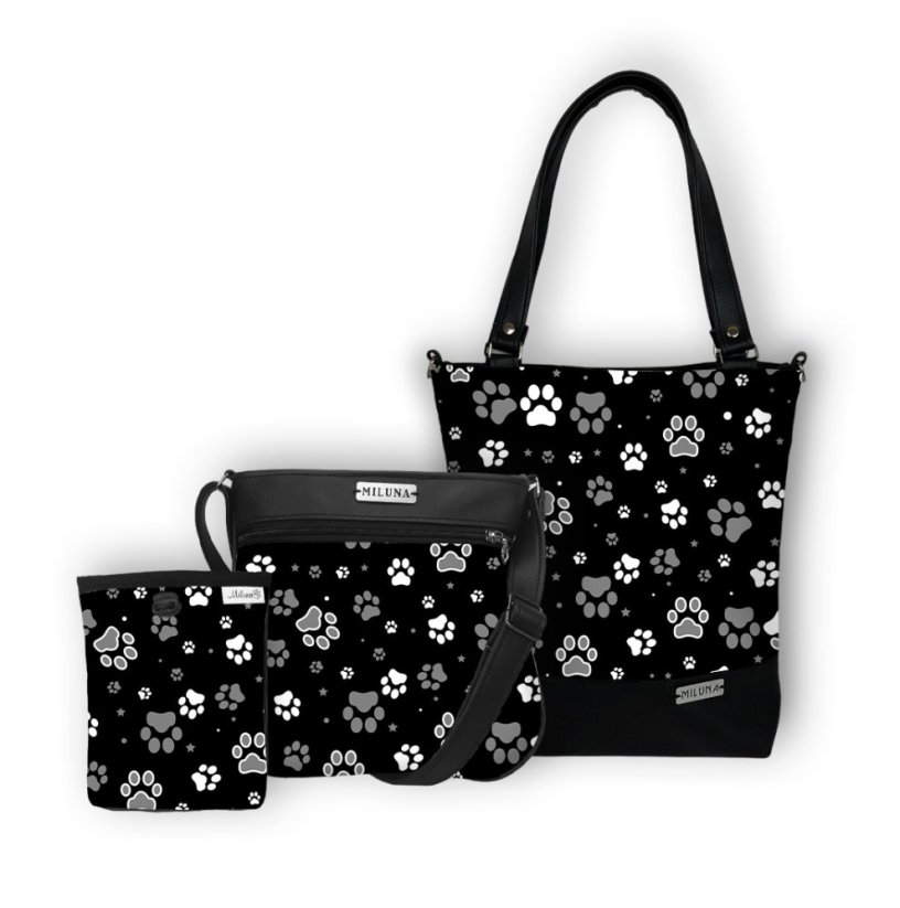 Koženková velká sada kabelek a pamlskovníku - ČB tlapky