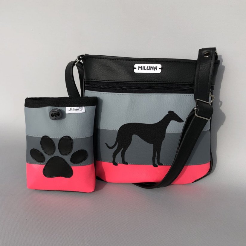 Crossbody kabelka a pamlskovník s plemeny psů – pruhy (neonová) - Plemeno: Greyhound