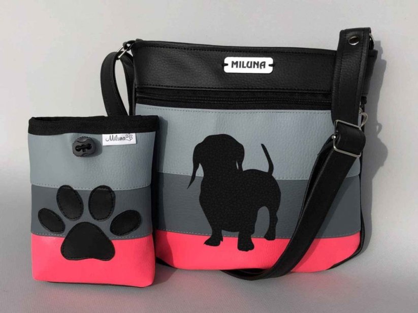 Crossbody kabelka a pamlskovník s plemeny psů – pruhy (neonová) - Plemeno: Jezevčík hladkosrstý (hlava)